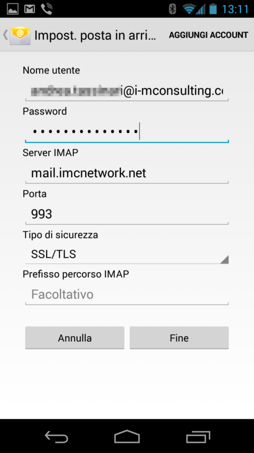Configurazione posta elettronica per Android