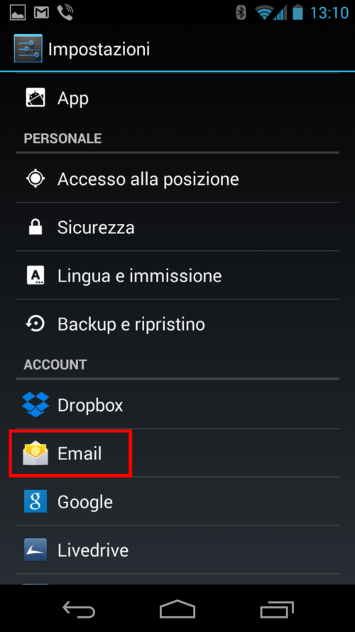 Configurazione posta elettronica per Android