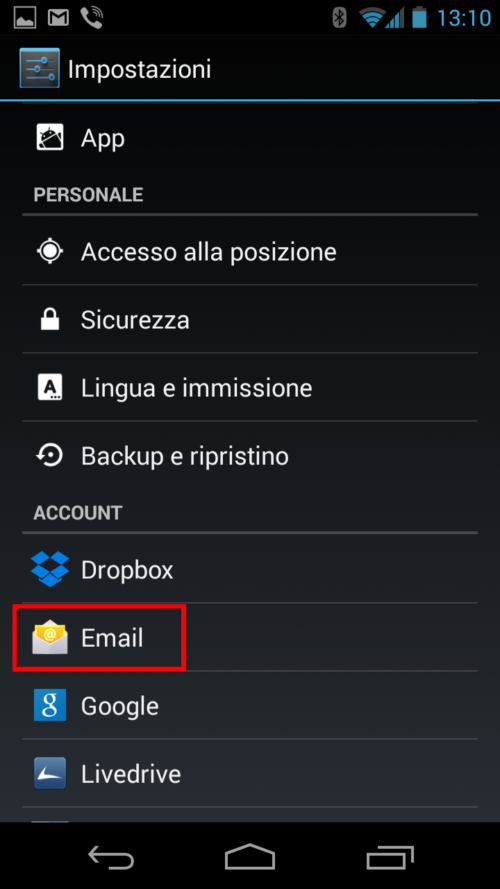 Configurazione posta elettronica per Android Configurazione posta elettronica per Android